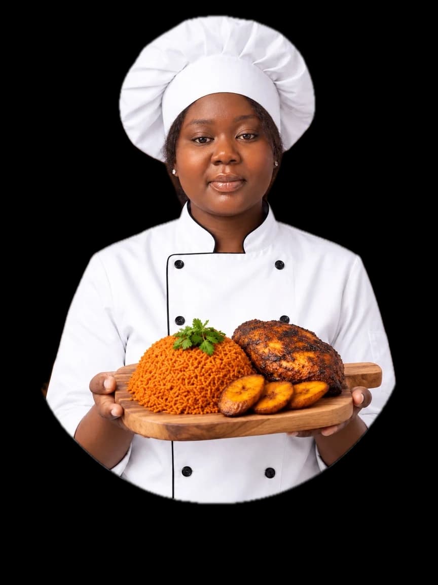 Ghana Jollof Restaurant chef behind our kente table, holding a board of jollof rice, chicken and plantain