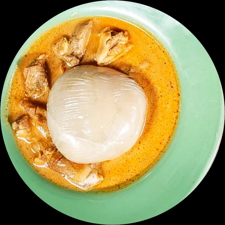 Rice ball in soup with assorted meat, from above