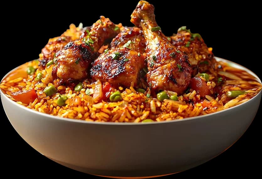 A bowl of jollof rice topped with grilled chicken